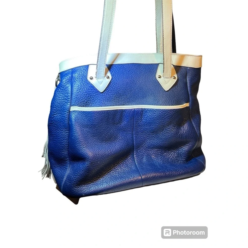 Navy & Cream Leather Satchel – Classic Buckle Detail Shoulder Tassel Bag GUC